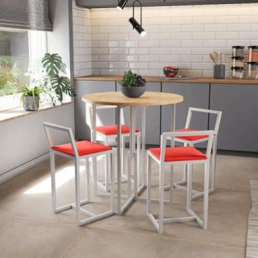 Imagem de Conjunto Mesa Redonda Pinus 4 Cadeiras Pequena Estofado Industrial Whi