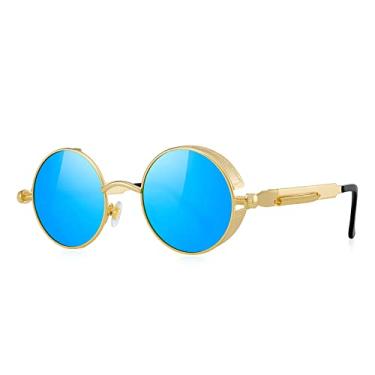 Imagem de MERRY'S Óculos de sol góticos Steampunk para mulheres e homens, armação de metal com lentes redondas S567, Dourado e azul, Free