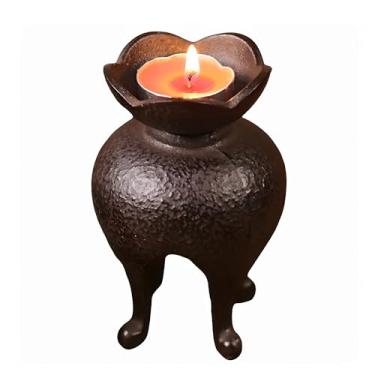 Imagem de SECHUDO Castiçal de ferro fundido estilo japonês, pequenos castiçais vintage feitos à mão, suporte de vela de pilar rústico, suporte de vela de fazenda para prateleira de lareira decoração de casa