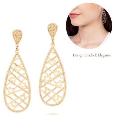 Imagem de Brinco Rommanel Gota Trabalhada e Coração Liso Banhado a Ouro 18K Joia