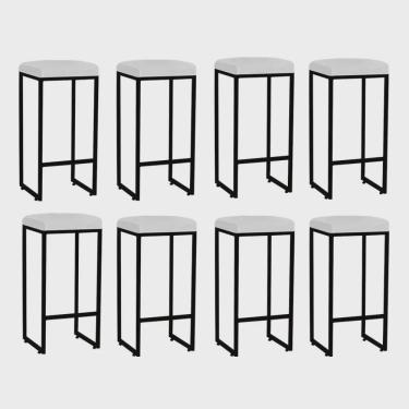 Imagem de Kit 08 Banqueta Alta Lara Para Cozinha Bar Balcão Bistrô Churrasqueira Ferro Preto Corino Branco - Ahz Móveis