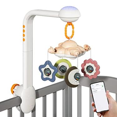 Imagem de DOYING Berço de bebê móvel com projeção luz noturna música calmante ruído branco pendurado chocalho brinquedos 360 ° giratório sem fio BT conexão berçário chupeta brinquedo para bebês crianças