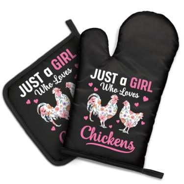 Imagem de DYJYBMY Just A Girl Who Loves Chickens Conjunto divertido de luvas de forno e suporte de panela para assar, presentes para amantes de frango, presentes temáticos de frango para mulheres, presentes