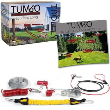 Imagem de Tumbo Trolley 45,7 m - Corredor aéreo antichoque para quintal raças pequenas e grandes - Equipamento para cães resistentes - Melhor corrida de cães e tirolesa para quintais - Sistema de carrinho de