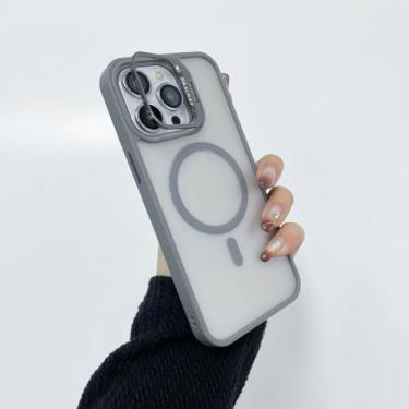 Imagem de Aplicável para iPhone16 Pro Max capa magnética para celular, conjuntos de suporte de lente fosca adequados para pele, cinza, para iPhone 16 Pro