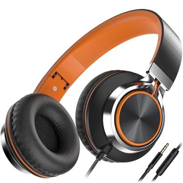 Imagem de Fones de ouvido infantis, fones de ouvido com fio, microfone e controle de volume, estéreo, dobrável com fio de 3,5 mm para meninos, meninas, tablets, Chromebook, laptop (preto/laranja)