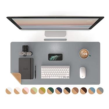 Imagem de RENMTURE Tapete de mesa de dupla face, cortiça natural e couro PU tapetes de mouse grandes para escritório e trabalho doméstico, protetor de mesa antiderrapante, impermeável, fácil de limpar (cinza, 91,44 cm x 43,16 cm)