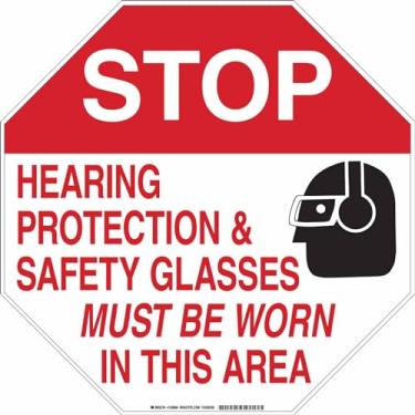 Imagem de Brady 128684 Placa de proteção pessoal, legenda "Stop Hearing Protection and Safety Glasses Must Be Worn", 45,7 cm de altura, 45,7 cm de largura, preto e vermelho em branco