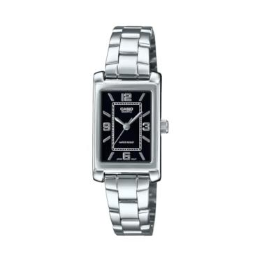 Imagem de Casio LTP-1234DD-1A Relógio feminino retangular padrão clássico de aço inoxidável com mostrador preto, Preto