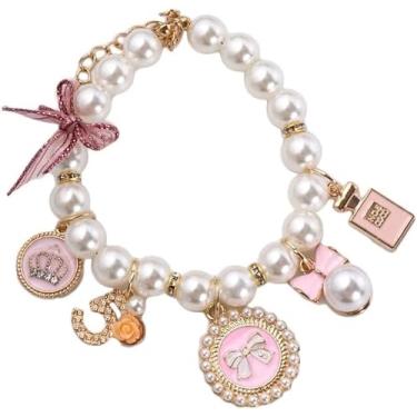 Imagem de Coleiras de pérolas para cães rosa, colar de pérolas para animais de estimação, acessórios de coleira fofa, colar de arco de princesa para cachorro, gato, joias, alça de pescoço de pérola (G)