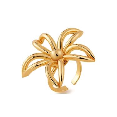 Imagem de Cykdohy Anel moderno de ouro grande com flor para mulheres, faixa aberta, ajustável, grosso, florescendo, floral, anéis de dedo na moda, noivado, compromisso, eternidade, joias empilháveis de