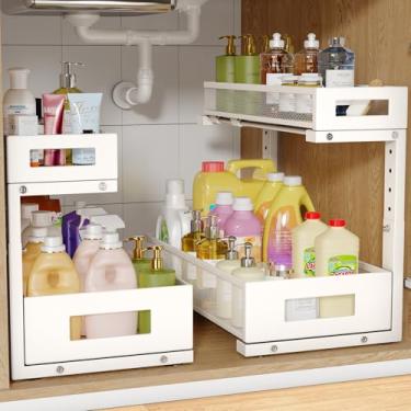 Imagem de Pacote com 2 organizadores de armazenamento sob a pia, prateleira grande de 2 camadas de malha elegante para organização de armários de cozinha e banheiro, design em forma de L e altura ajustável para