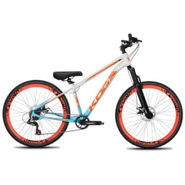 Imagem de Bicicleta Aro 26 KOG Freeride 1x7 – Estilo Grau, Suspensão 29”, Freios a Disco, Aros Vmaxx Neon – Bike Urbana de Alta Performance, Azul Branco, Adesivo Laranja,Vmaxx Laranja