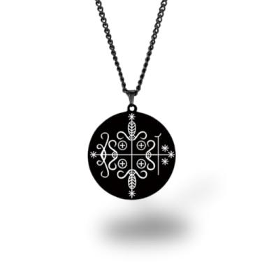 Imagem de Colar Vevê Vodu – Pingente com Símbolos dos Lwas em Aço Inoxidável (Prata, Ouro ou Preto) • Amuleto Espiritual Afro-Caribenho de Proteção, Magia e Fé (Papa Legba, Preto)