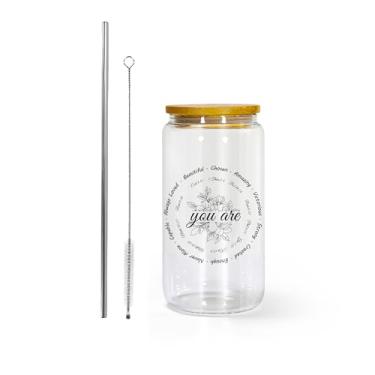 Imagem de AGH Presente lata de vidro para homens e mulheres, copo de vidro de 473 ml com tampas Banboo e canudo, copo de vidro You Are para Ice Coffe Smoothie Whiskey Boba Soda Tea Gift. 1 pacote com caixa