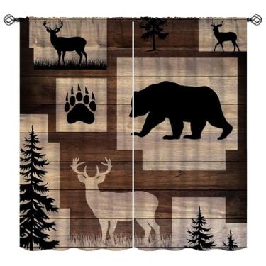 Imagem de Cortinas rústicas para cabana de fazenda, urso, cervo, floresta, janela, tratamento para sala de estar, caça, acampamento, animais selvagens, retrô, cabana rural para cozinha, quarto, 106 x C 113 cm