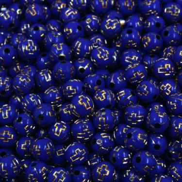 Imagem de Miçanga Bola Cruz/Nossa Senhora Acrílico 8mm Para Artesenato Terço 20G (AZUL+DOURADO CRUZ)