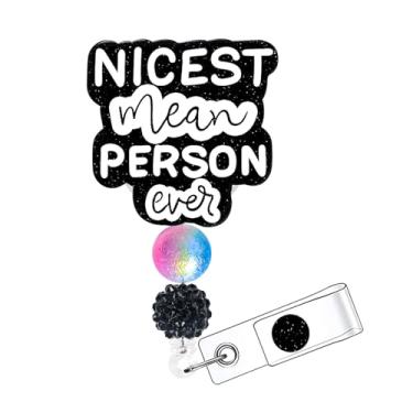 Imagem de Horee Carretel de crachá retrátil com clipe jacaré, porta-cartão de identificação de enfermeira de acrílico com glitter, design engraçado brilhante preto (pessoa má de todos os tempos)