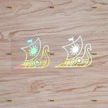 Imagem de Adesivo de vinil para navio viking cabeça de dragão nórdico Odin Nord - pacote com 2 holográficos iridescentes 10 cm - para carro barco laptop copo sem fundo cortado 0219a5