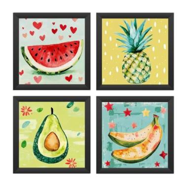 Imagem de Kit 4 quadros 18x18 cm, cozinha, área gourmet, frutas vidro (Preto)