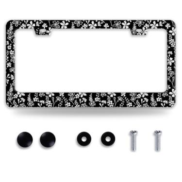 Imagem de Linda moldura de placa de licença de flores silvestres preto branco aço inoxidável suporte de placa de licença colorido acessório automotivo para mulheres 30 x 15 cm
