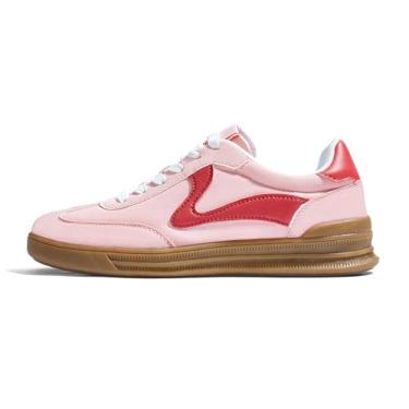 Imagem de LUCKY STEP Tênis feminino moderno clássico leopardo retrô plataforma tênis feminino com cadarço tênis caminhada skate, Rosa claro/vermelho, 35