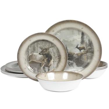 Imagem de Conjunto de louça de melamina para 4 - Conjunto de tigelas de prato de jantar, 12 peças, durável, livre de BPA, lavável na lava-louças, à prova de estilhaçamento, resistente a lascas para ambientes