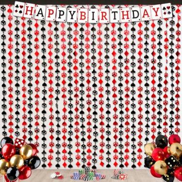 Imagem de 3 peças de decoração de festa com tema de cassino, vermelho e preto, cortinas de franja de folha de cassino, banner de Las Vegas, pôquer, suporte para cabine fotográfica, suporte de pano de fundo, 1 x