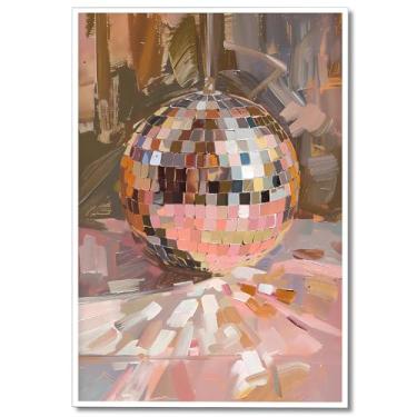 Imagem de Arte de parede em tela de bola de discoteca rosa macia moderna garota descolada prata mirrorball pôster texturizado maximalista impressão vintage 70s bar carrinho decoração de parede para dormitório
