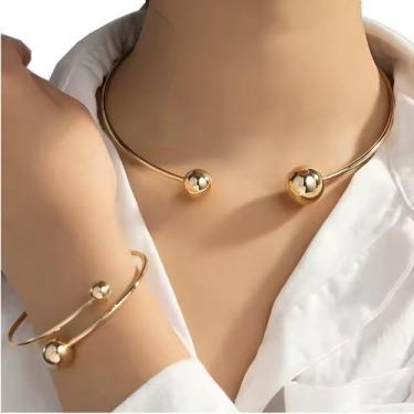 Imagem de Conjunto Choker Aro + Bracelete Rígida Regulavel Dourado - Lojas La+Ny