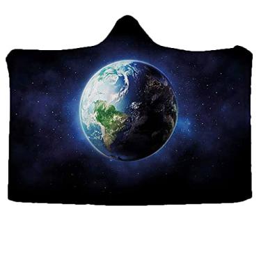 Imagem de Cobertor mundial vestível com capuz, visão estrelada do espaço sideral com planeta terra calma universo silencioso galáxia, cobertor vestível para sofá bebê crianças homens mulheres, L 127 x C 101