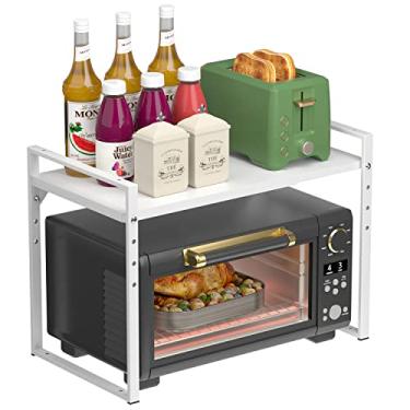 Imagem de GEDLIRE Suporte expansível para forno de micro-ondas de 2 camadas, altura ajustável, torradeira de micro-ondas, suporte de bancada, prateleira de metal, branca