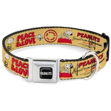 Imagem de Coleira para animais de estimação Peanuts Worldwide LLC, coleira de cachorro, fivela de cinto de segurança de metal, Peanuts Social Club Peace and Love Scenes Amarelo Vermelho, 28 a 40 cm de largura