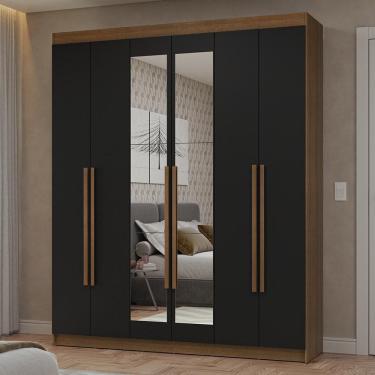Imagem de Guarda-Roupa Casal 6 Portas Batentes com Espelho Rustic/Preto/Rustic Netuno Madesa