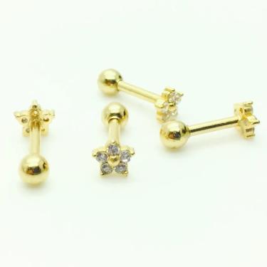 Imagem de Ouro 18k Piercing Flor Estrela com Pedras Reto Cartilagem Tragus Orelha CO110K045.