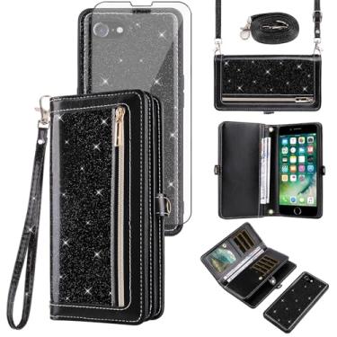 Imagem de Asuwish Capa de celular para iPhone 7/8/SE 2020/2022 carteira com zíper com alça protetora de tela brilhante iPhone7 iPhone8 7s 8s i SE2020 SE2022 2/2nd/3/3ª geração SE2 SE3 7SE 8SE preta