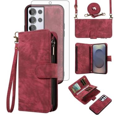 Imagem de Asuwish Capa de celular para Samsung Galaxy S25 Ultra 5G com zíper carteira celular com protetor de tela de vidro temperado alça transversal flip suporte para cartão de crédito S25Ultra 25S S 25