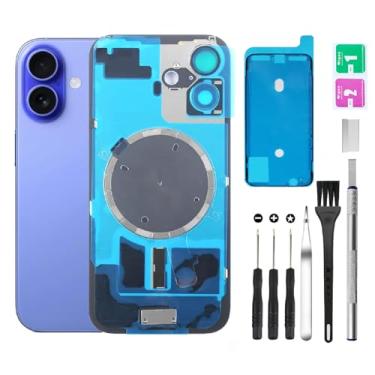 Imagem de Substituição de vidro traseiro para iPhone 16 vidro traseiro + lente da câmera + ímã + suporte de peça de ferro com kit de ferramentas de reparo (azul)