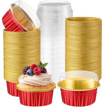 Imagem de Gandeer Pacote com 200 forros de cupcake de folha de alumínio com tampas, copo redondo de 142 g para festa de casamento, ramekin de torta descartável, mini formas de bolo, forma de pudim, recipiente