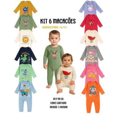 Imagem de Kit 6 Macacão Bebê Longo Punhos Botão de pressão Menino Menina Algodão