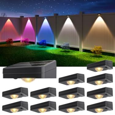 Imagem de NIORSUN Luzes solares para cerca ao ar livre, à prova d'água, branco quente e frio, RGB, pacote com 12 luzes de LED para convés, 9 modos, iluminação de parede movida a energia solar, decoração para