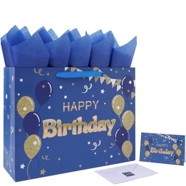 Imagem de Conjunto de sacolas de presente de feliz aniversário azul extra grande de 42 cm com alças, cartão comemorativo, papel de seda e adesivos para homens, meninos, design de balões, 1 peça