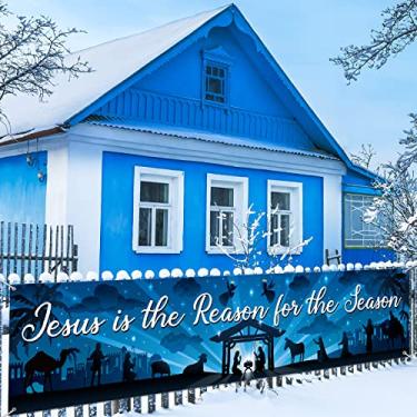 Imagem de Presépio Natal Banner Decoração Religioso Natal Quintal Banner Azul Sinal Jesus Banner Grande Feliz Natal para Cerca Jardim Casa Interior Ao Ar Livre Decorações de Festa de Natal, 118 x 24 Polegadas