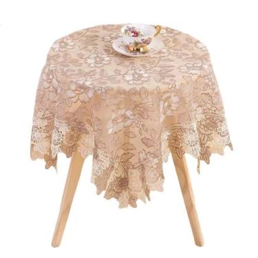 Imagem de Toalha de mesa quadrada pequena bordada de renda floral vintage estilo francês toalha de mesa com macramê chique capa de mesa para casamento, prata, casa, aniversário, cozinha, decoração marrom e