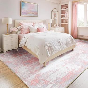 Imagem de RELEANY Tapetes laváveis 1,6 m x 20,3 m, antiderrapante, moderno, abstrato, macio para sala de estar, entrada, quarto, berçário, estampa estampada, cinza e rosa