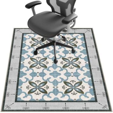 Imagem de Tapete de cadeira para piso de madeira, tapete de mesa de 122 cm x 91 cm para cadeira de computador com rodinhas e piso baixo, protetor de piso antiderrapante para escritório em casa, flores azuis