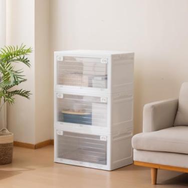Imagem de SOBIBO Caixas de armazenamento empilháveis de 3 camadas 101QT com tampa, portas e rodas, caixas organizadoras de plástico dobráveis para armário e quarto, branco