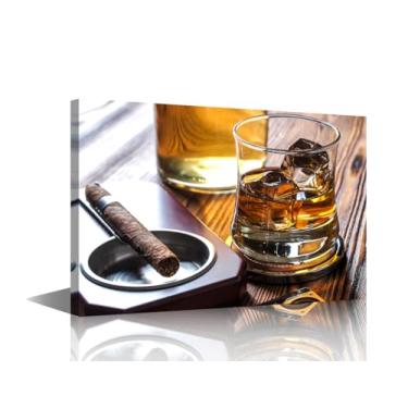 Imagem de Arte de parede em tela de tamanho grande para sala de estar, copo de uísque nas rochas e um charuto em um cinzeiro, imagens presente emoldurado, pronto para pendurar, casa, hotel, restaurante, bar