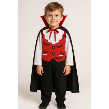 Imagem de Fantasia Infantil Vampiro Drácula Criança Halloween Vestido Roupa (G (veste 7 a 8 anos))