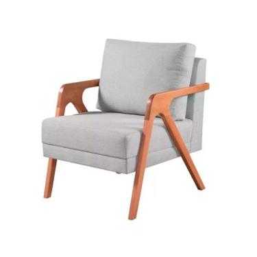 Imagem de Poltrona Mona Luxo Madeira Maciça Tecido Linho Cinza Claro - Móveis Mu